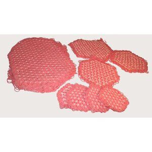 Vintage Handmade Crochet Table Set In Coral Pink Yarn Intricate Star Stitch Patt